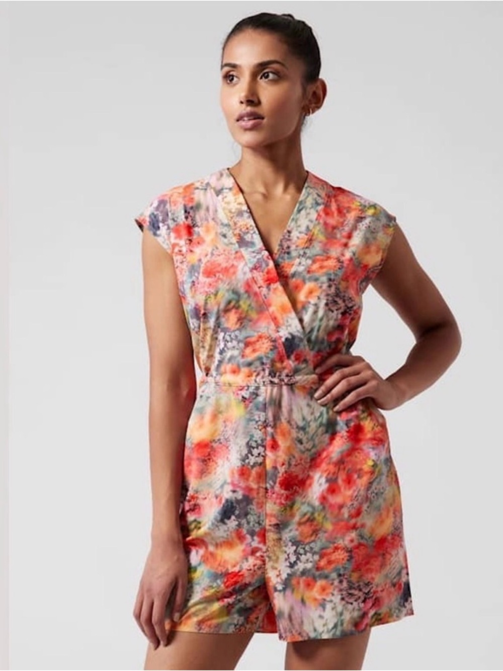 Athleta Marlow Romper Vibrant Floral Surplice V Neck SZ XL Pink Orange